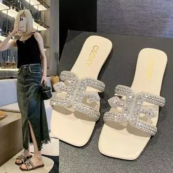 Women s stylish comfortable rhinestone embellished slippers Women s casual flat slippers 35 бежевый