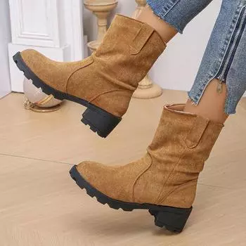 Women s Suede Mid-calf Boots New Fashion Round Head Thick Heel Short Boots Autumn Winter Woman Large Size Casual Platform Shoes 36 бежевый
