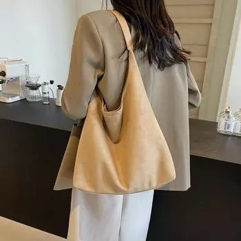 Женские замшевые сумки через плечо, большая вместительная сумка, простой и повседневный базовый стиль, швейная строчка, застежка