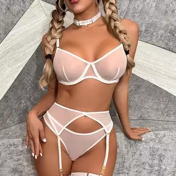Women s suit mesh webbing sexy underwear bra top + thong + garter belt 3-piece set S