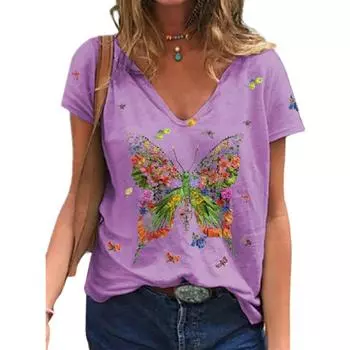 Women s Summer Butterfly 3D Printed Short Sleeve V-neck Casual T-shirt S