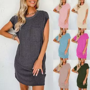 Women s Summer Casual Contrasting Wave Striped Short Sleeved Pocket Dress for Women S абрикосовый