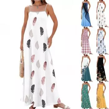 Women s Summer Casual Fashion Adjustable Suspenders Printed Long Dress L