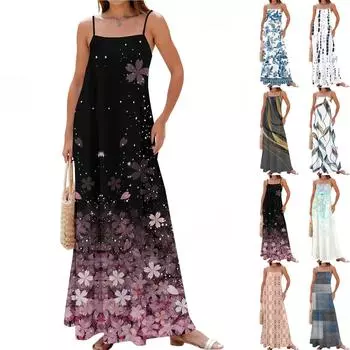Women s Summer Casual Fashion Adjustable Suspenders Printed Long Dress L