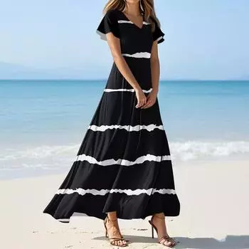 Women s Summer Casual Fashion Print Color Dresses V-Neck Short Sleeve Dresses L