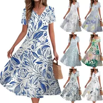 Women s Summer Casual Fashion Print Pocket Short Sleeve V-Neck Swing Dress XL зелёный