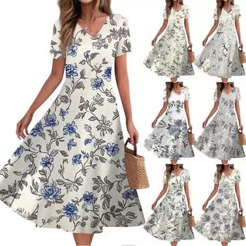 Women s Summer Casual Fashion Print Pocket Short Sleeve V-Neck Swing Dress XXL бежевый