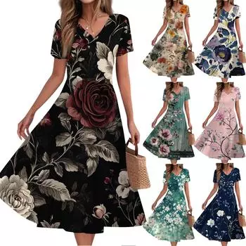 Women s Summer Casual Fashion Print Pocket Short Sleeve V-Neck Swing Dress S розовый