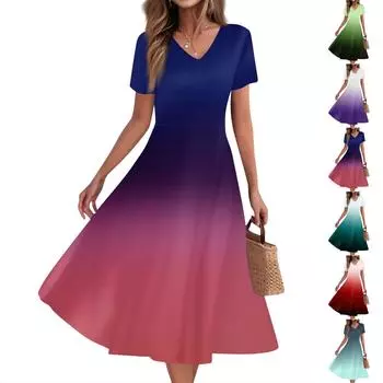 Women s Summer Casual Fashion Print Pocket Short Sleeve V-Neck Swing Dress L армия зеленый