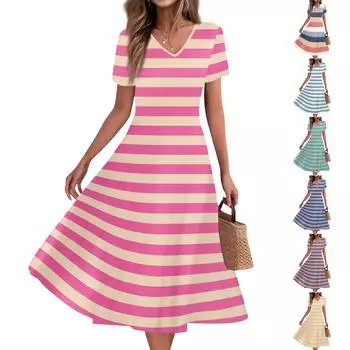 Women s Summer Casual Fashion Print Pocket Short Sleeve V-Neck Swing Dress L зелёный