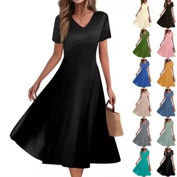 Women s Summer Casual Fashion Print Pocket Short Sleeve V-Neck Swing Dress L армия зеленый