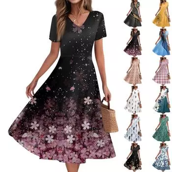 Women s Summer Casual Fashion Print Pocket Short Sleeve V-Neck Swing Dress L чёрный