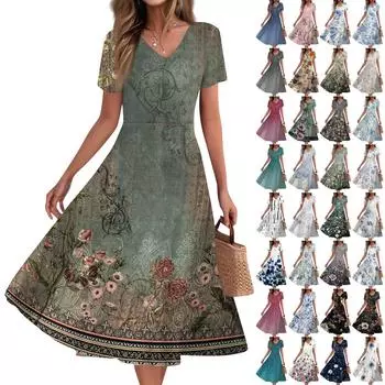 Women s Summer Casual Fashion Print Pocket Short Sleeve V-Neck Swing Dress L зелёный