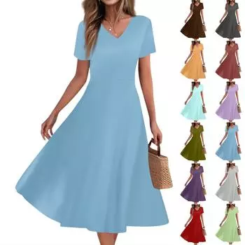 Women s Summer Casual Fashion Print Pocket Short Sleeve V-Neck Swing Dress L армия зеленый