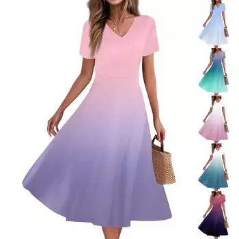 Women s Summer Casual Fashion Print Pocket Short Sleeve V-Neck Swing Dress L темно-фиолетового