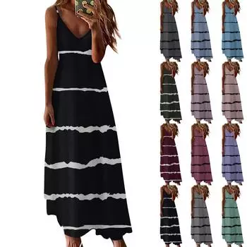 Женское летнее повседневное модное платье с v-образным вырезом в полоску и принтом, длинный пуловер без рукавов, повседневное платье L чёрный