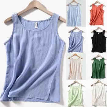Женский летний повседневный модный однотонный жилет без рукавов с круглым вырезом, хлопковый и льняной жилет, топ XL чёрный