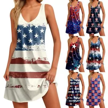 Women s Summer Casual Independence Day Printed Tank With Pockets Dresses XXL синий
