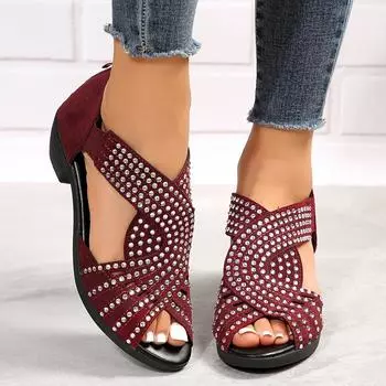 Women s Summer Casual Low Heel Rhinestone Hollow Out Chunky Heel Plus Size 43 Yards Beach Sandals 42EU/CN43