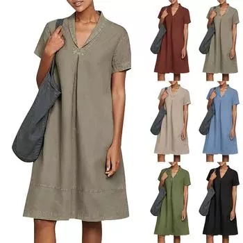 Women s Summer Casual Midi Short Sleeve Dresses Solid Color V-Neck Beach Vacation Dresses S