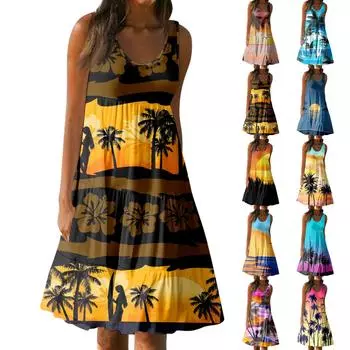 Женская летняя повседневная свободная пляжная юбка без рукавов с круглым вырезом, модное платье с принтом L чёрный