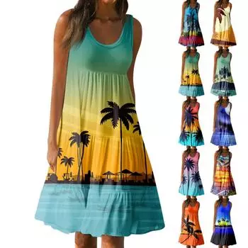 Женская летняя повседневная свободная пляжная юбка без рукавов с круглым вырезом, модное платье с принтом L чёрный