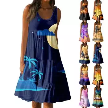 Женская летняя повседневная свободная пляжная юбка без рукавов с круглым вырезом, модное платье с принтом L чёрный