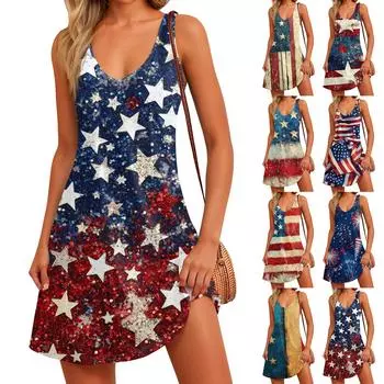 Women s Summer Casual Sun Skirt With Pocket V-Neck Independence Day Printed Loose Vest Dress XL