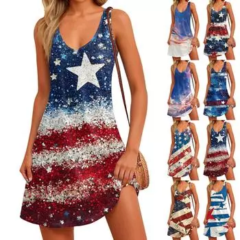 Women s Summer Casual Sun Skirt With Pocket V-Neck Independence Day Printed Loose Vest Dress XL синий