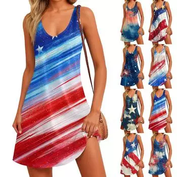Women s Summer Casual Sun Skirt With Pocket V-Neck Independence Day Printed Loose Vest Dress M синий