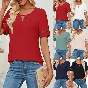Women s Summer Casual V Neck Shirt Tops Short Sleeve Loose Fit Blouses Solid Shirts S красный
