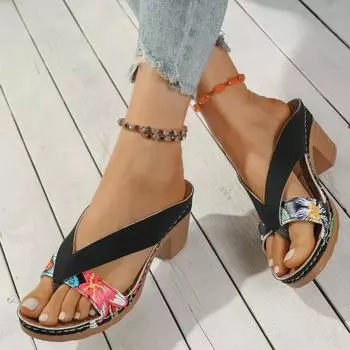 Women s Summer Chunky Heeled Sandals Fashion Print High Heels Shoes for Women Outdoor Open Toe Casual Flip Flops Slippers Women 36