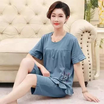 Women s Summer Clothing Sets Middle-aged and Elderly Loose Short-sleeved Blouse + Seven-piece Pants Home Two-piece Set 4XL