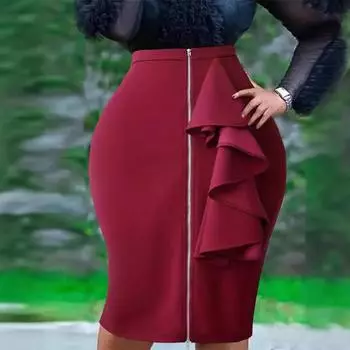 Женская летняя пригородная юбка средней длины с высокой талией и молнией с рюшами S бордовый