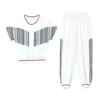 Women s Summer Cool and Breathable Round Neck Suit Office Casual Set Top + Trousers 2 Piece Set XXXXL белый