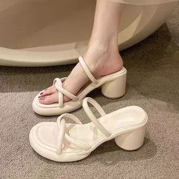 Women s Summer Cool Slippers 2024 Summer New Fashion Versatile Casual Thick with High Heels Retro French Niche Outdoors Sandals 35 покинуть белый