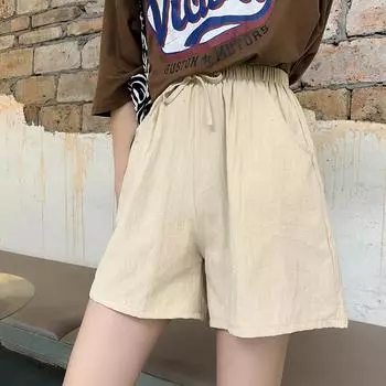 Women s Summer Cotton Linen Trousers Solid Color Elastic Waist Wide-leg Short Pants S