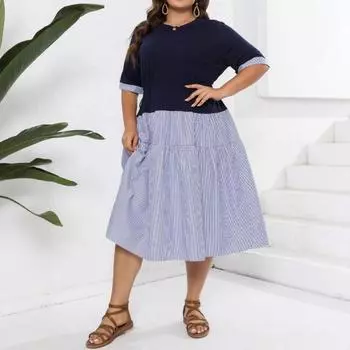 Women s Summer Crew-neck Knitted Patchwork Striped Short Sleeve Fake Two Swing Dress XL синий