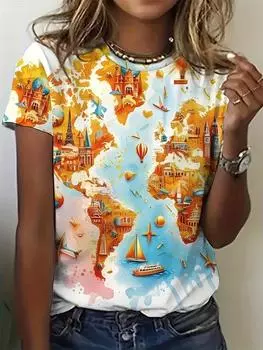 Women s Summer Design Round Neck T-Shirt Casual Loose Retro Harajuku Top Fashion 3d Printed Pattern T-Shirt 2025 XXS