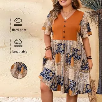 Women s Summer Dress Boho Vacation Style Plus Size Loose Dress 1XL оранжевый