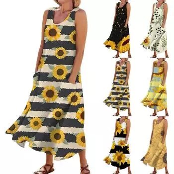 Женское летнее платье, повседневные свободные длинные платья с принтом для пляжного отдыха L чёрный