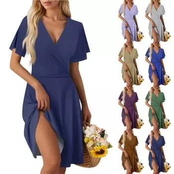 Women s Summer Dress Loose Beach Vacation Casual Deep V Neck Dress Short Sleeve Elegant Shirt Dress L синий