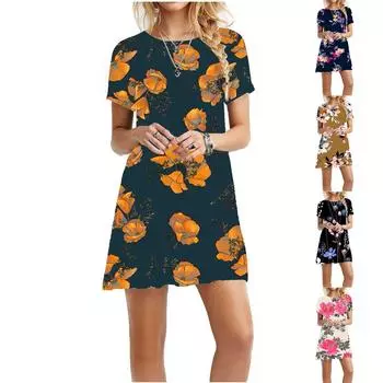 Женское летнее платье, платье-футболка, пляжное платье с коротким рукавом, повседневное платье, струящееся свободное платье длиной до колена с коротким рукавом XXXL чёрный