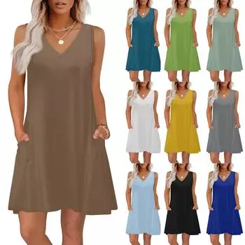 Women s Summer Dresses Loose Fit Solid Color V Neck Sleeveless Sundresses Beach Hawaiian Dress With Pockets L чёрный