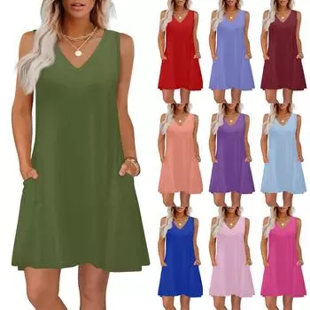 Women s Summer Dresses Loose Fit Solid Color V Neck Sleeveless Sundresses Beach Hawaiian Dress With Pockets L армия зеленый