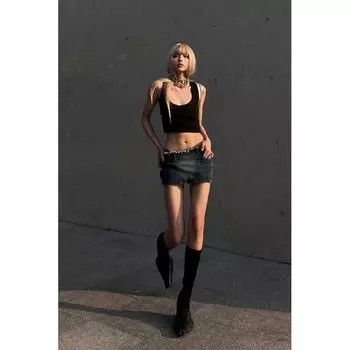 Women s Summer Elastic Low Waist Frayed Edge Sexy Denim Skirt Retro Blue XL