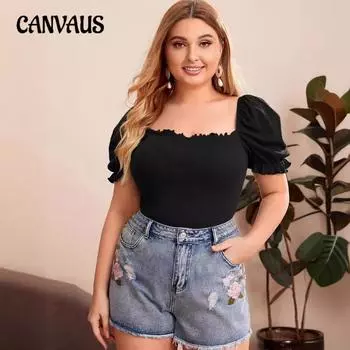 Women s Summer Elegant Bubble Sleeve New Square Collar Solid Color Short Top 1XL чёрный