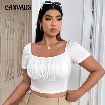 Women s Summer Elegant Square Collar New Slim Solid Color Short Top 1XL белый