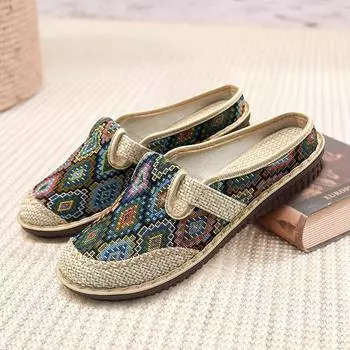 Women s Summer Ethnic Style Embroidered Flat Slippers Linen Soft Soled Cloth Shoes Muller Shoe Style 35