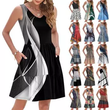 Women s Summer Fashion Casual V-neck Pleated Patchwork Color Block Patchwork Print Sleeveless Pocket Vest Dress L синий
